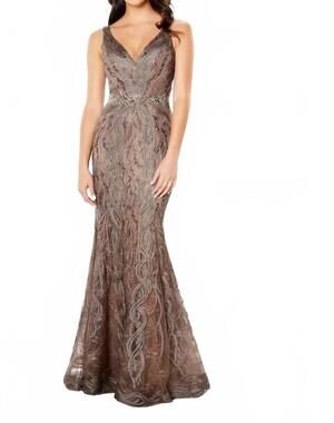 NEW MONTAGE BY MON CHERI trumpet gown in mocha